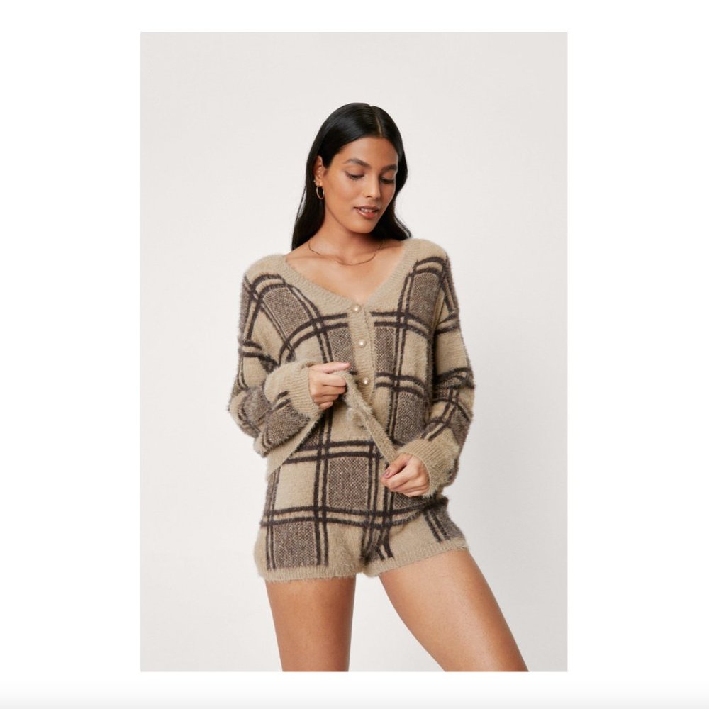 Brown beige plaid fuzzy knit shorts